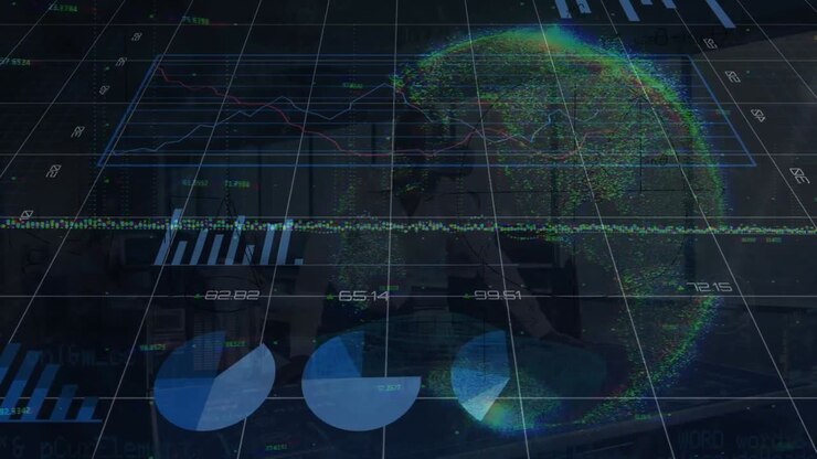 Animation of globe with data processing over caucasian businessman using vr headset