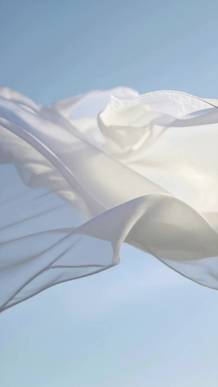 Video verticale: Pannelli di leggero tessuto bianco che si sollevano mossi da una leggera brezza contro un cielo blu.