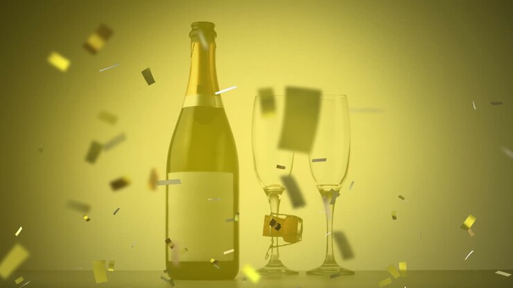Animazione di coriandoli dorati che cadono su champagne e bicchieri.