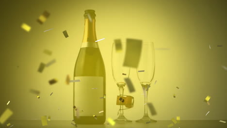 animation of golden confetti falling over champagne and glasses