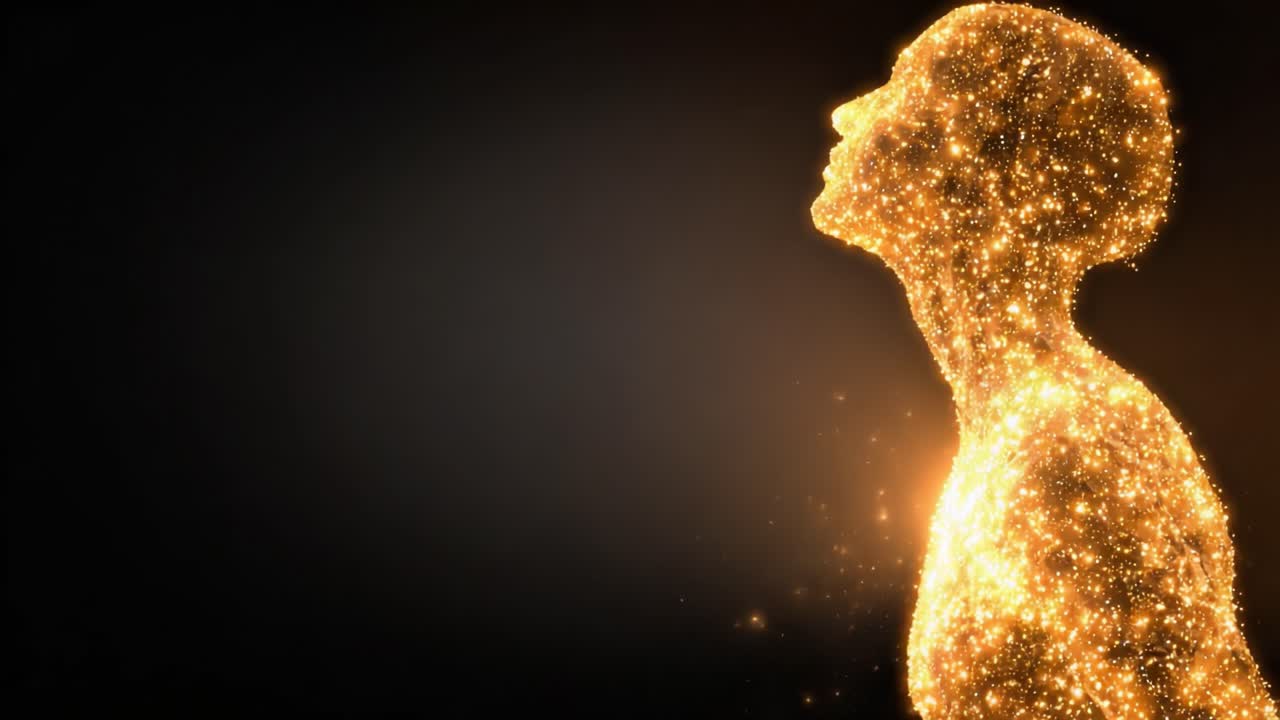 Una silueta trascendente de una forma humana iluminada por estrellas brillantes, capturando la esencia del asombro y la belleza cósmica mientras se enfrenta al infinito.