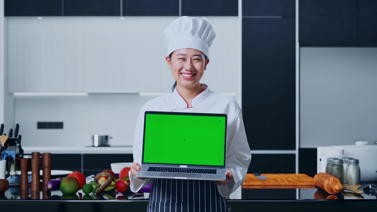 una mujer asiática sonriendo y mostrando una computadora portátil de pantalla verde a la cámara en la cocina de la casa