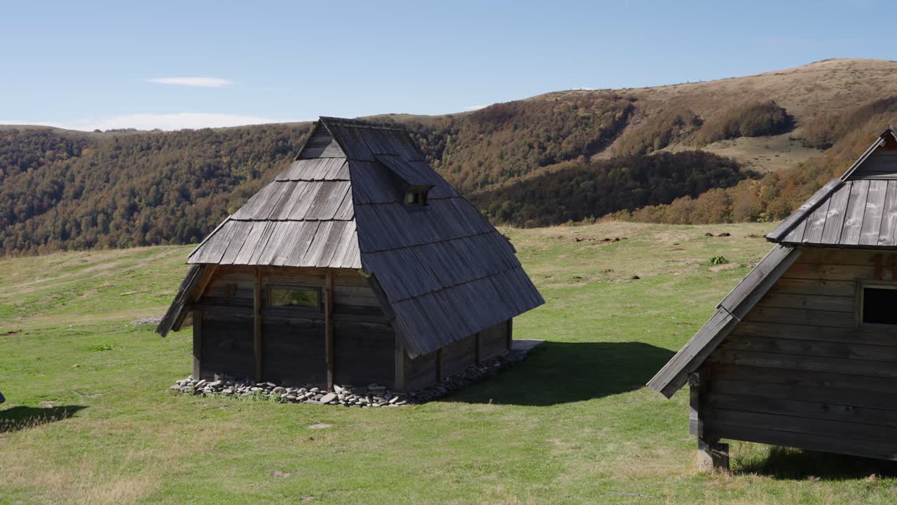 Wooden Chalets In The Mountain In Bjelasica in Kolasin, Montenegro. - wide shot