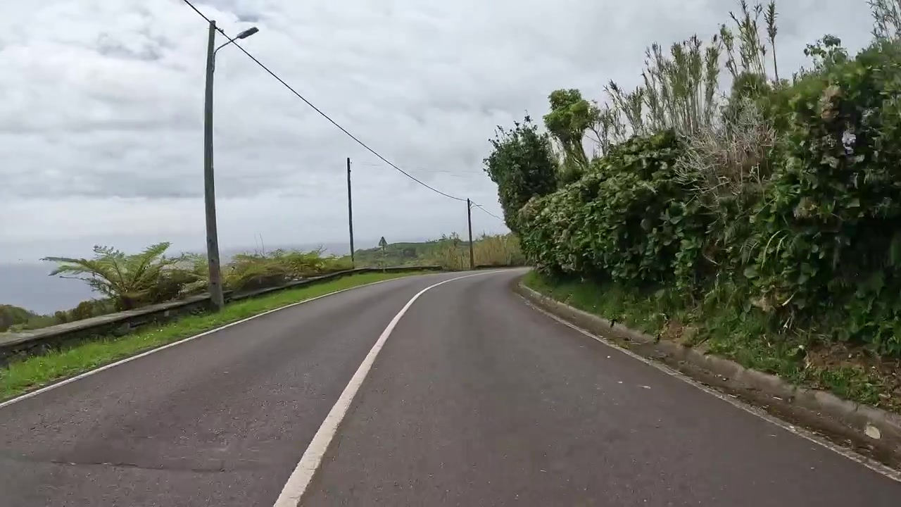 Jalan pedesaan kosong berkelok-kelok melalui lanskap hijau subur di Pulau Flores, Azores