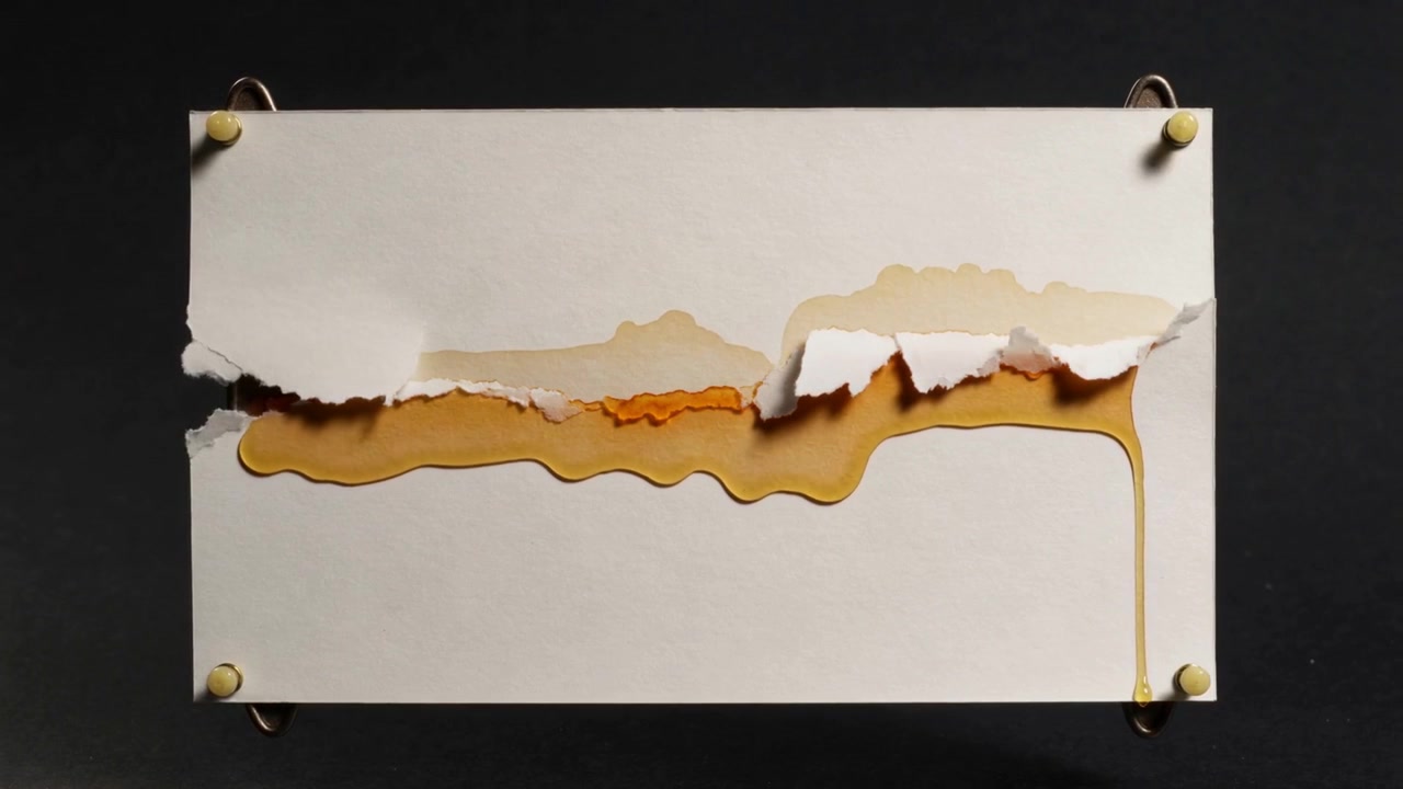 Stream forming right seam, white sheet pinned by yellow pins seeping amber along tear, lifted flap