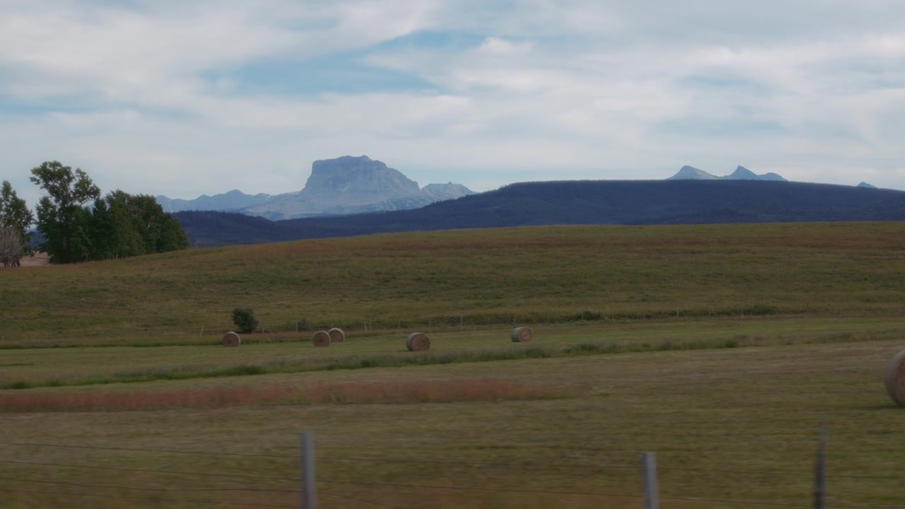 Conduire à travers les champs de bottes de foin dans le sud de l'Alberta