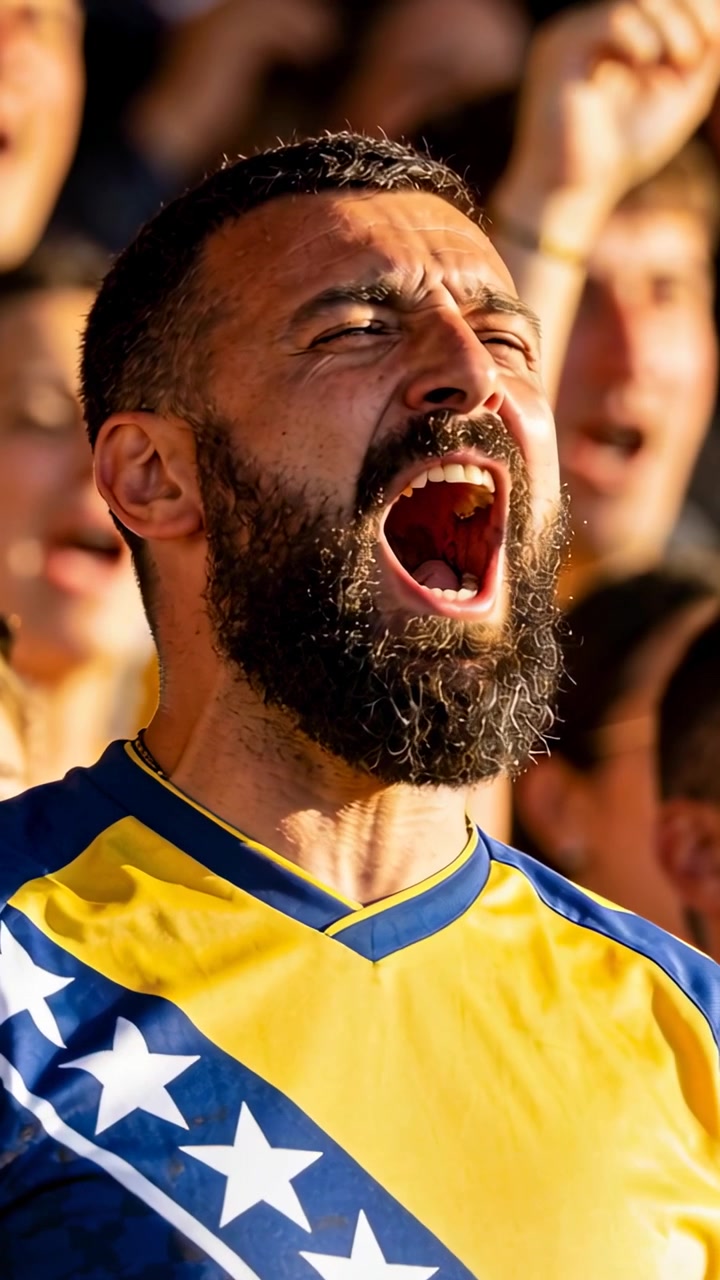 Video vertical: Reaccionando a una jugada, hombre gritando y luego calmándose en las gradas con camiseta amarilla y azul