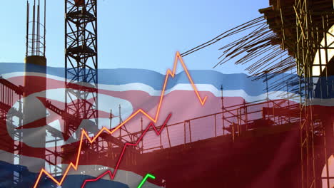 animación de diagramas y bandera de corea del norte sobre el sitio de construcción