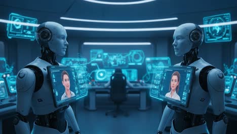 futuristic robots demonstrating advanced ai interaction in a high-tech control room, showcasing human-like virtual avatars and immersive digital displays
