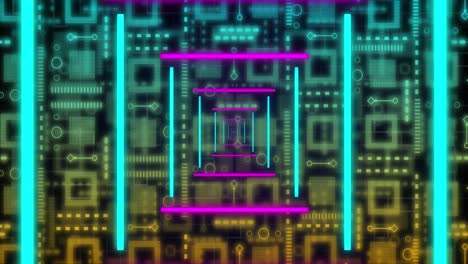 animation of neon ligh trail tunnel and data processing over circuit board