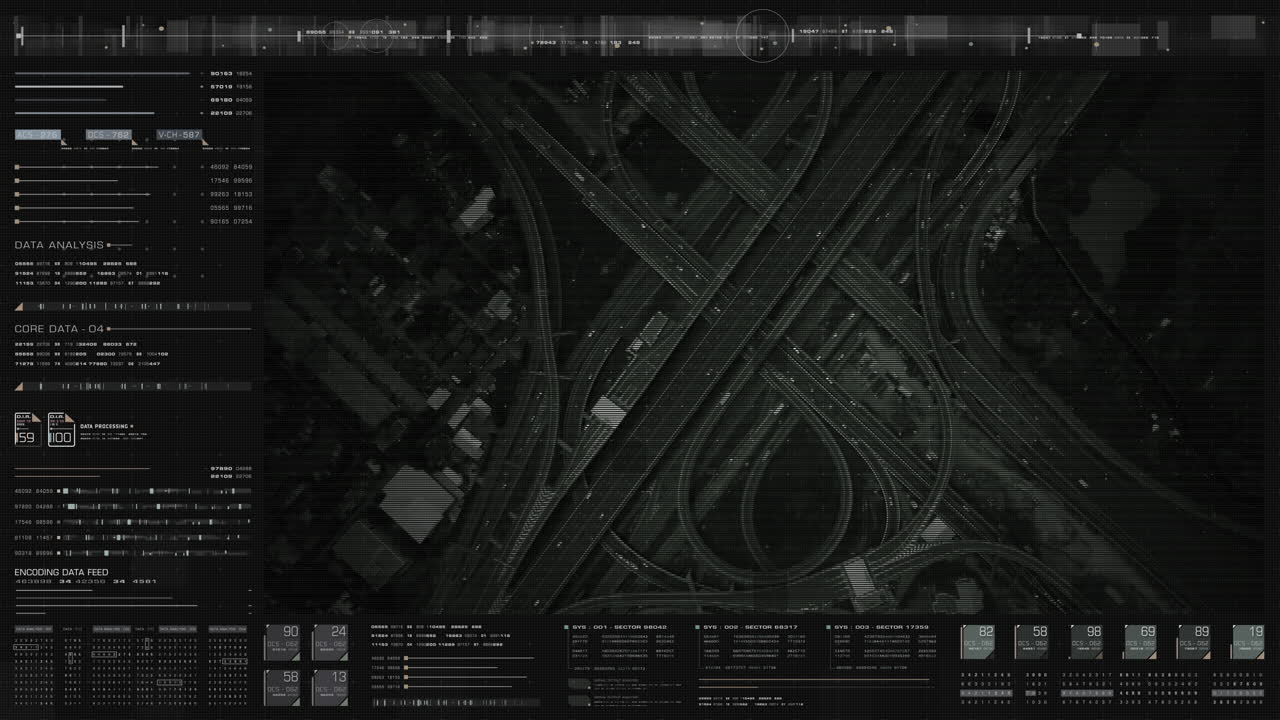 Futuristic HUD satellite view of traffic surveillance on a busy expressway junctions tracking and monitoring highway traffic for possible target vehicle