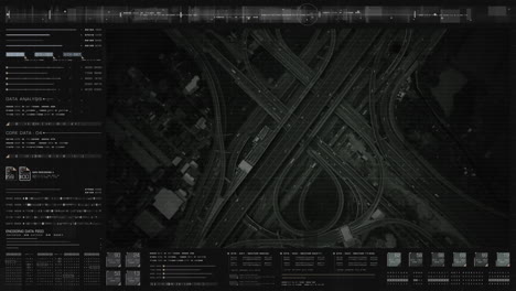 futuristic hud satellite view of traffic surveillance on a busy expressway junctions tracking and monitoring highway traffic for possible target vehicle