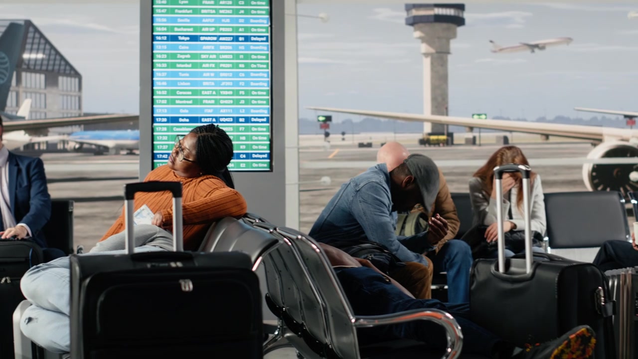 Dormindo, voos atrasados e passageiros diversos exaustos no aeroporto.