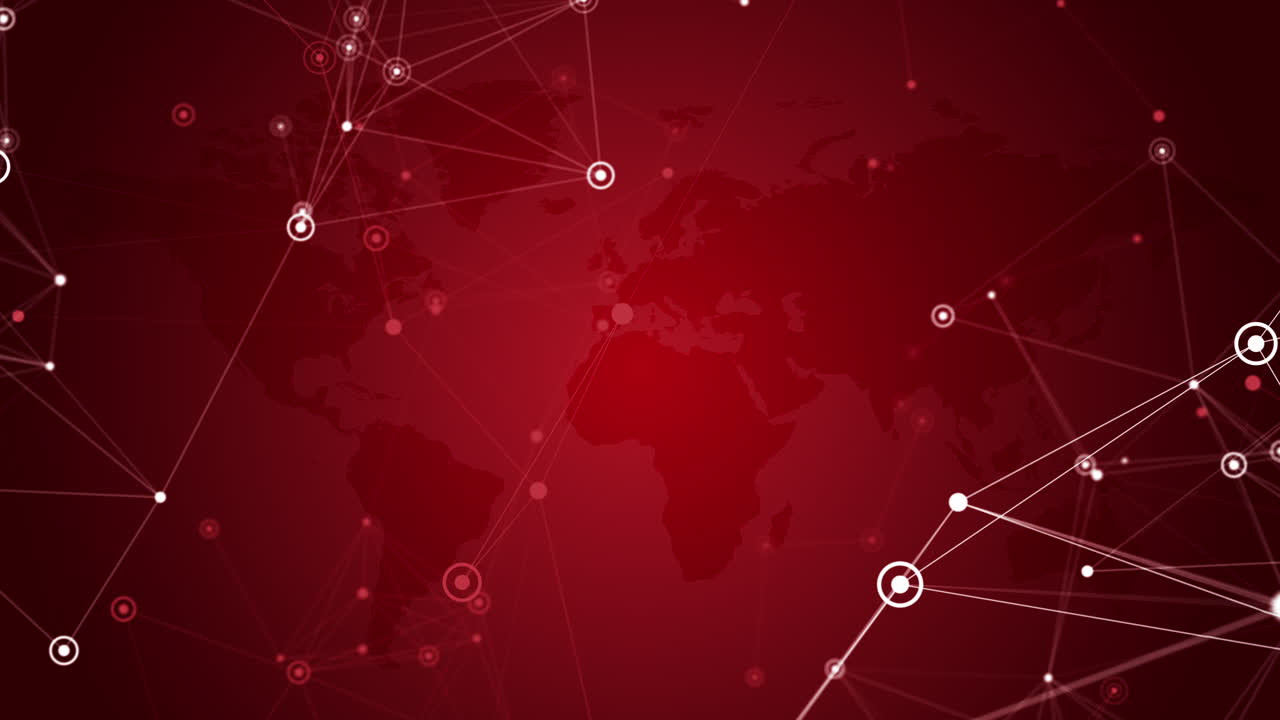 Interlaced lines connecting the dots. Round conventional cartographic signs of the city. Red looped background with world map.