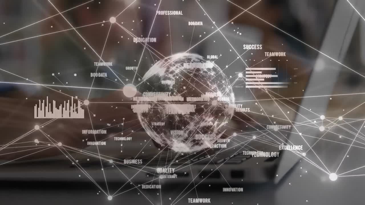 노트북을 가진 코카시안 사업가와 함께 전 세계와의 연결 네트워크의 애니메이션