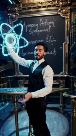 man displaying a hologram of an atom in a vintage-style room