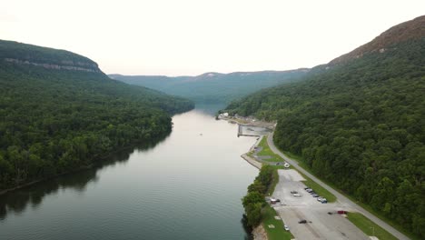 discharge and pump station of raccoon mountain reservoir, aerial view