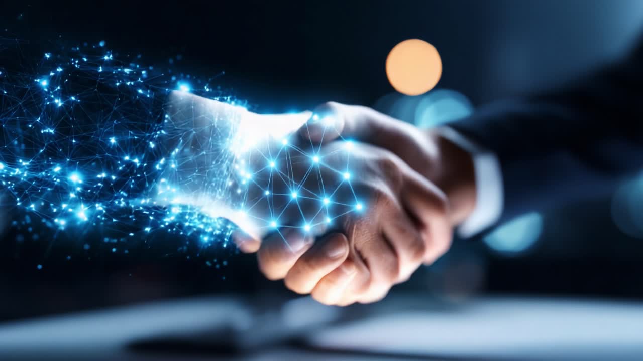 A Digital Transformation in Progress: Two Individuals Engaging in a Firm Handshake Symbolizing Innovation, Agreement, and Collaboration Amidst a Network of Modern Technology Connections