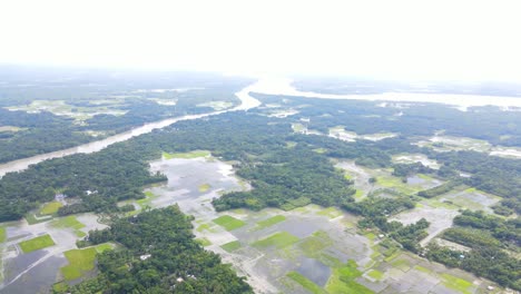 孟加拉洪水淹沒的沼澤和溪流的空中拍攝