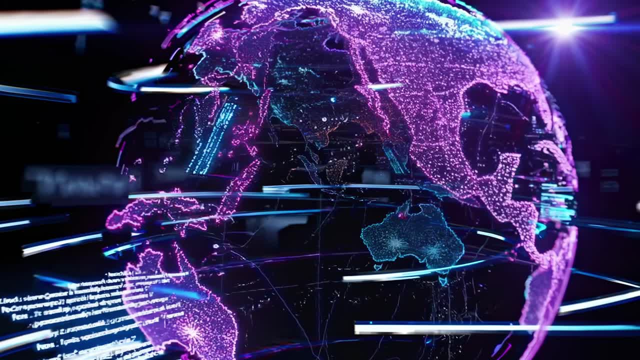 Futuristic video of a digital globe with neon lines and data points
