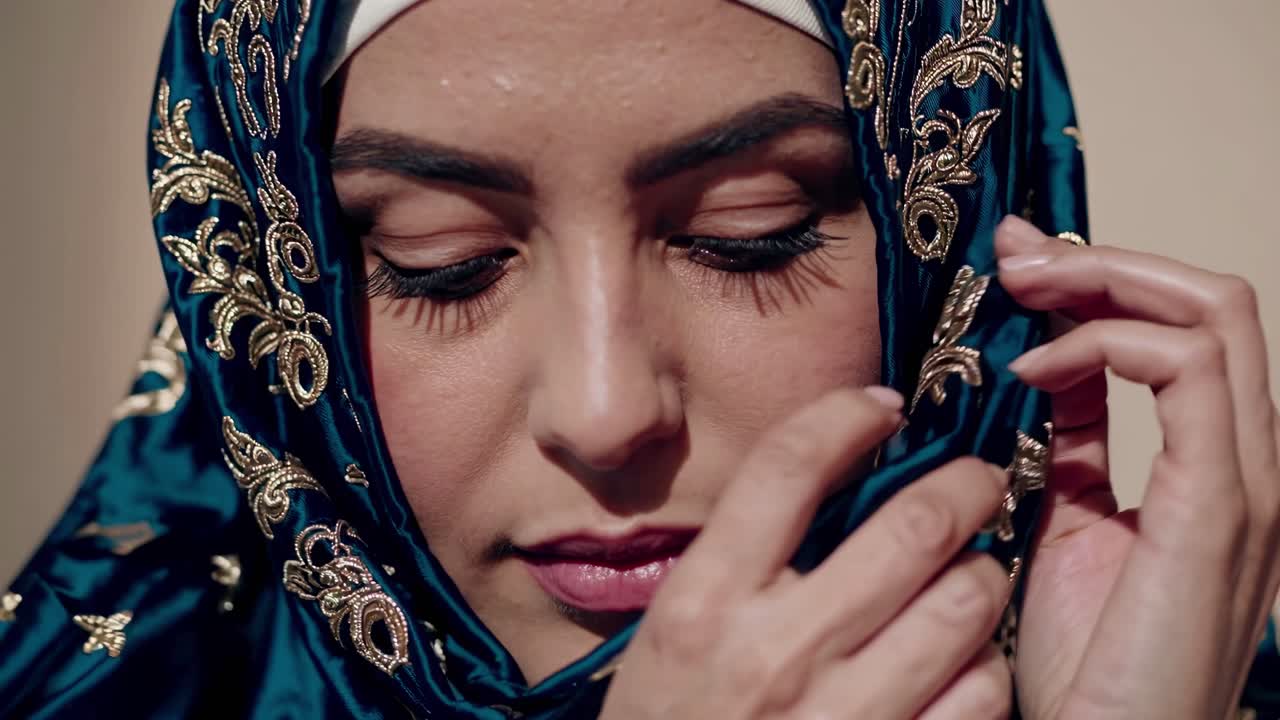 Close-up video shot of a woman in an ornate blue headscarf, capturing intricate embroidery