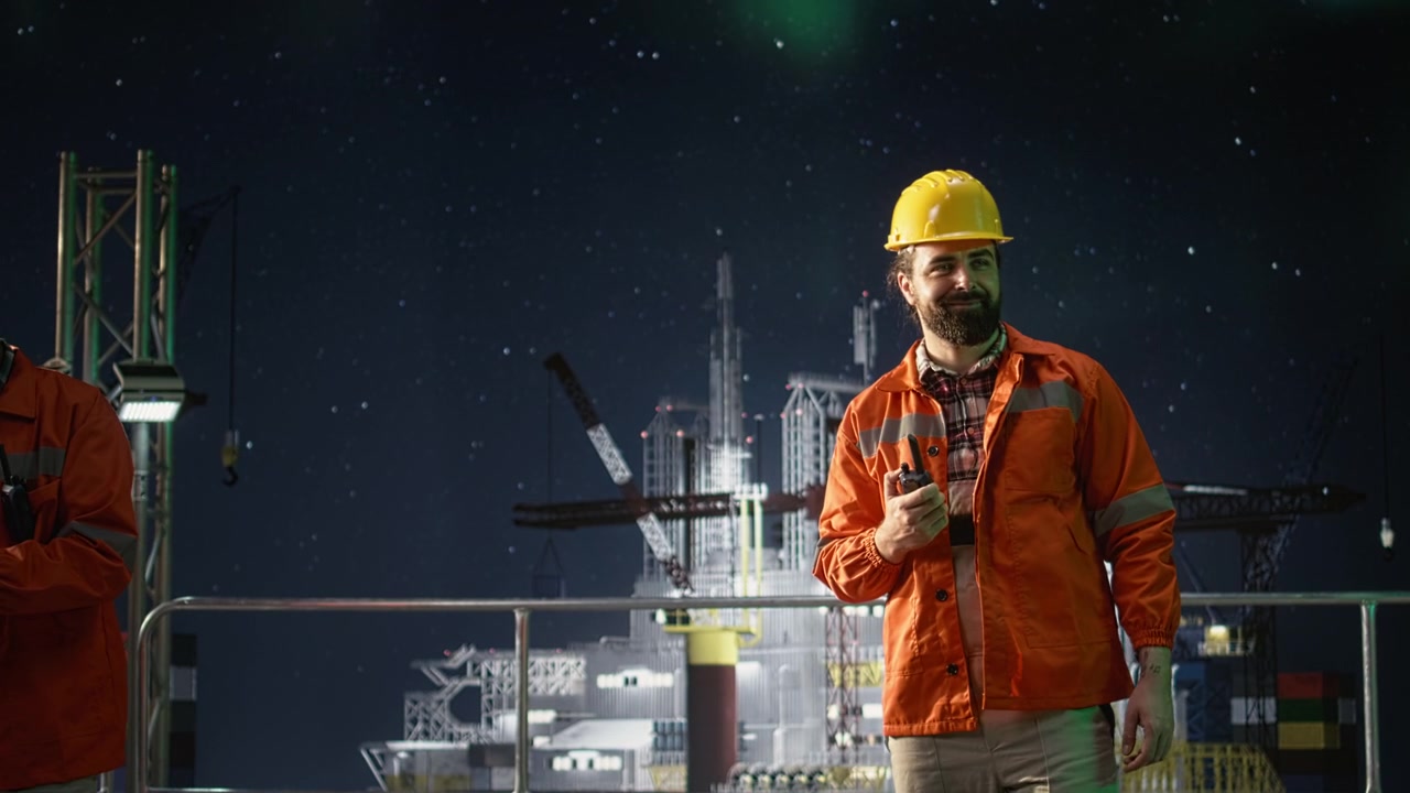 Offshore-platformingeniør giver opdateringer via walkie-talkie under oliekrise.