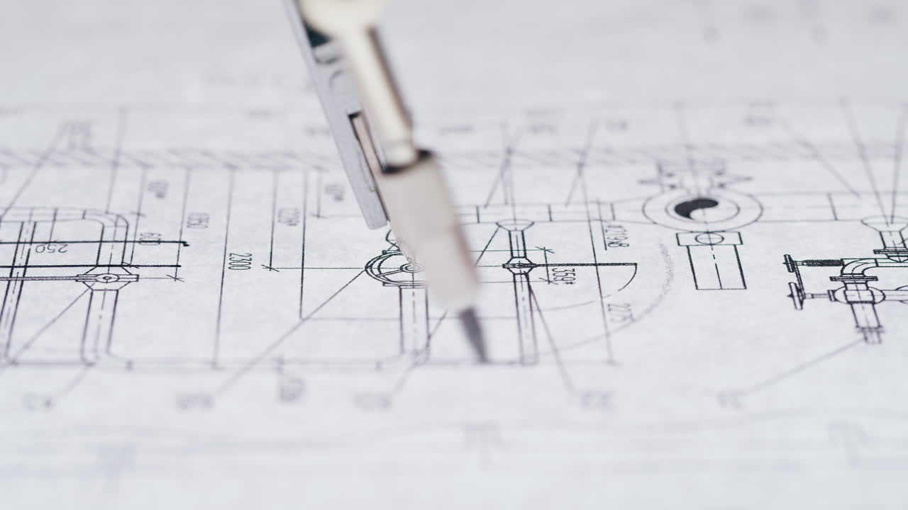 Close-up of Engineering Blueprints and Drafting Tools
