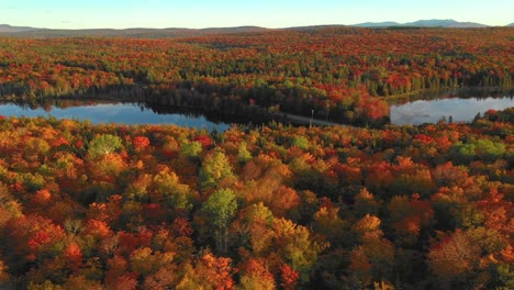 aerial footage orbiting around causeway between two ponds with full autumn colors