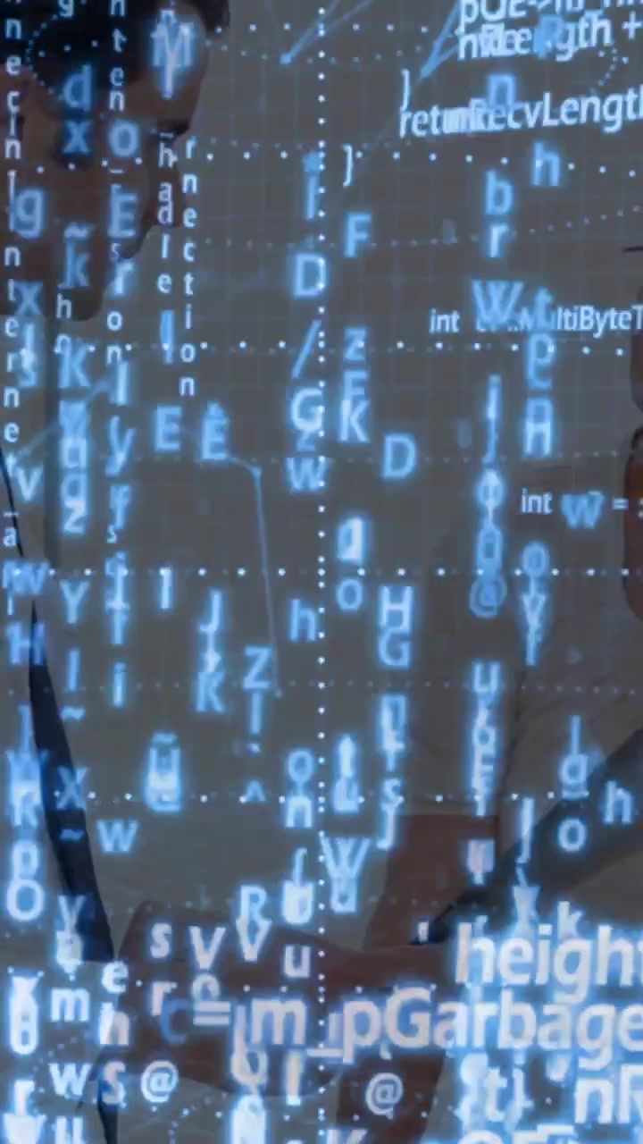 Video verticale: Due medici presentano un tablet chinandosi e rivedendo i dati mentre una griglia di codice blu scorre.