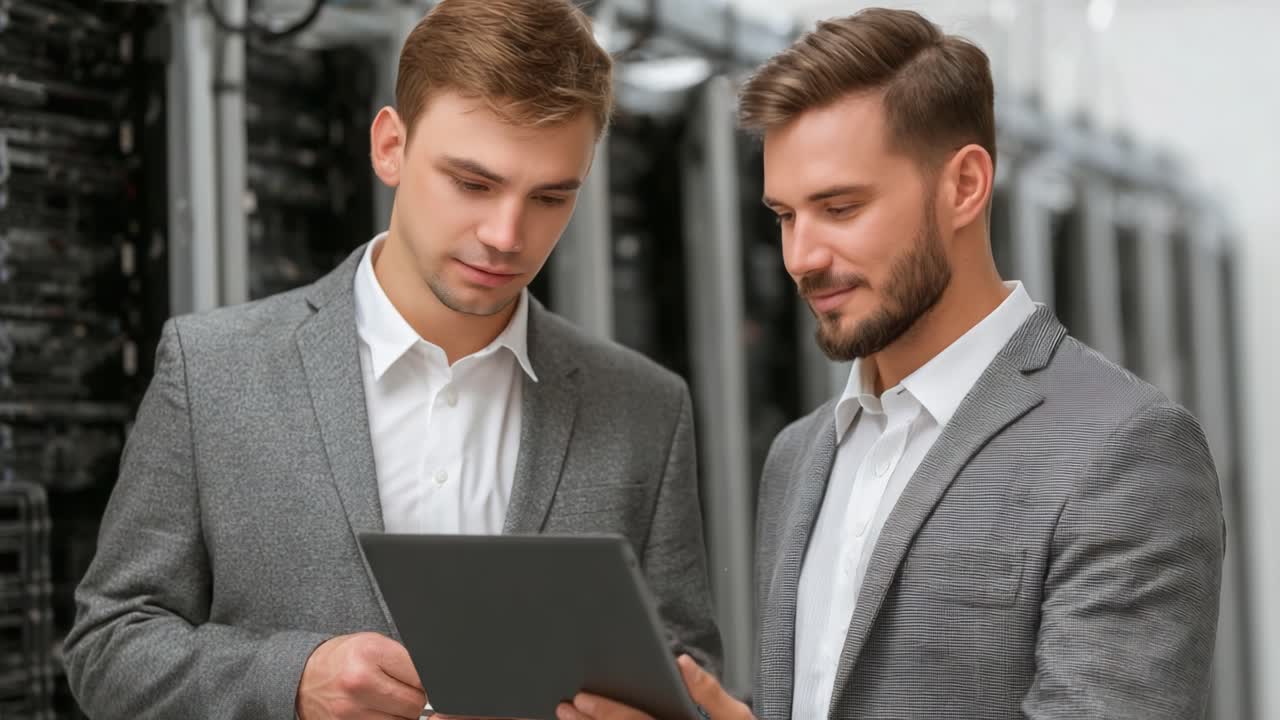 Two Professionals Collaborate in a Data Center, Reviewing Digital Information on a Tablet Amidst Advanced Computing Equipment and Technology