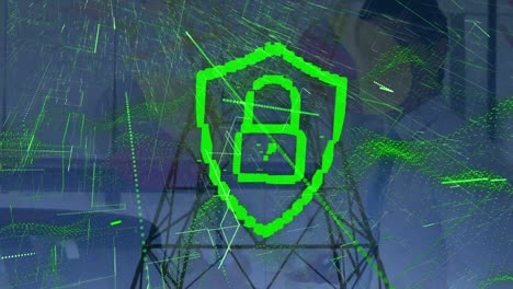 animation of green lines and digital padlock over businessman and electricity pole