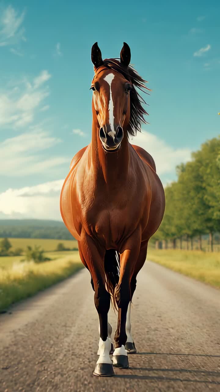 Vertical video: Camera recording chestnut horse moving toward viewer on gravel road, showing blaze