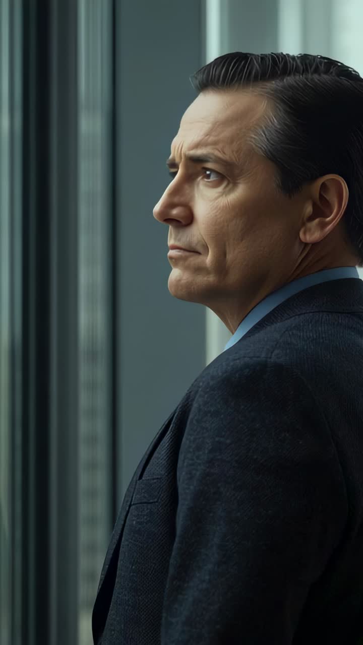 Vertical video: Gazing businessman in suit turning head and blinking by office windows, copy space