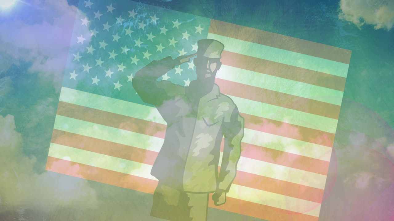 animación de un soldado saludando la bandera estadounidense
