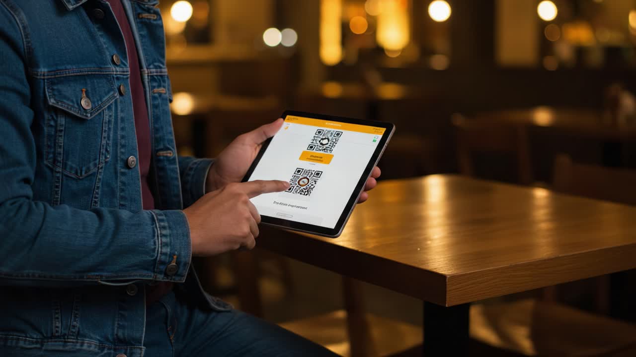 Exploring Digital Interaction: A User Navigates Through QR Codes on a Tablet Device in a Cozy Cafe Setting