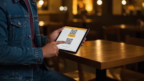 exploring digital interaction: a user navigates through qr codes on a tablet device in a cozy cafe setting