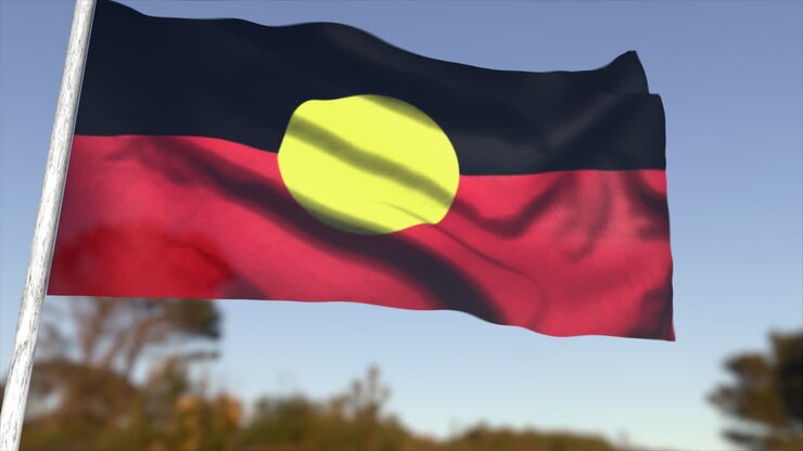 CGI 3D-Animation der australischen Aborigines-Flagge, die im australischen Outback weht