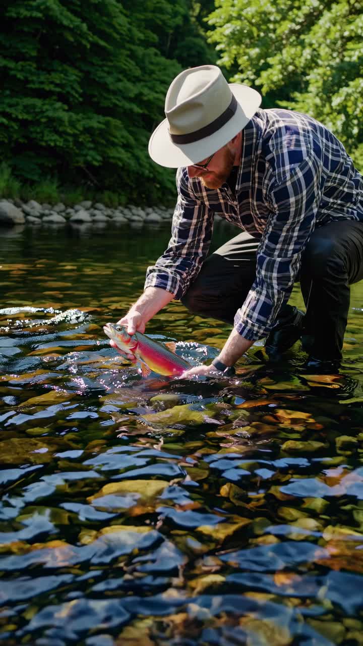 Low-angle video frame of a man in a hat and plaid shirt gently releasing a fish into a clear, rocky