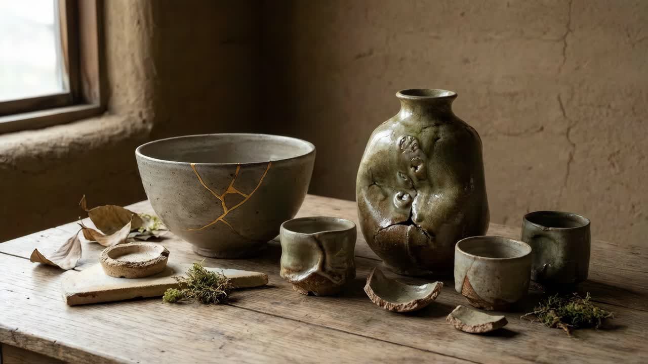 Natura morta con ceramica Kintsugi