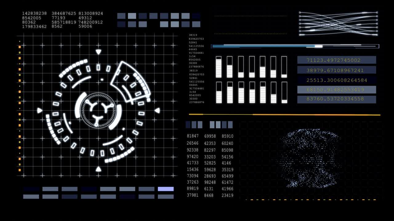 기술적 미래주의적 요소: 공상과학 서클의 요소는 hud 패턴에서 나타나고 사라집니다: 그래프, 스케일, 텍스트, 회전, 애니메이션, 통계적 데이터.