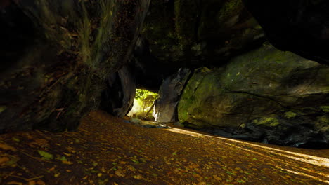 sunlight peeking through a natural rock archway in a forest