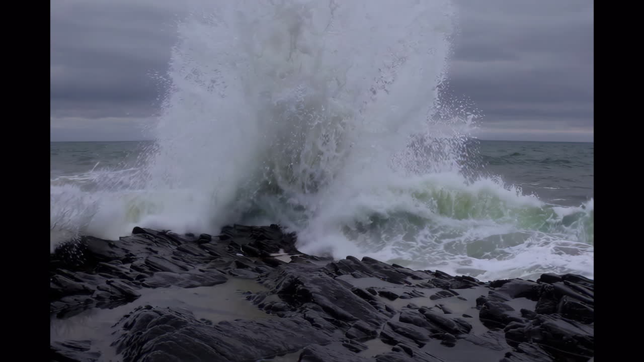 Powerful Waves Crashing on Dark Rocks