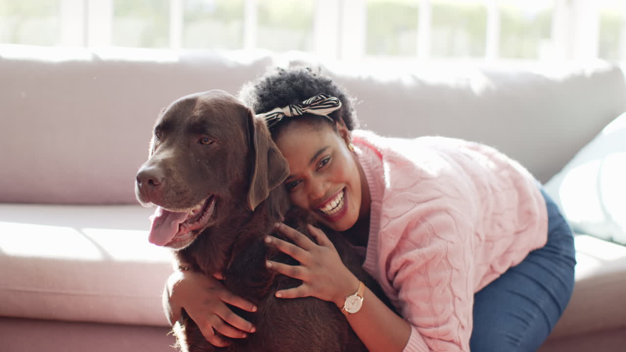 Donna afroamericana che abbraccia un cane labrador marrone su un divano a casa