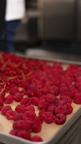 fresh raspberries and red currants on a baking sheet