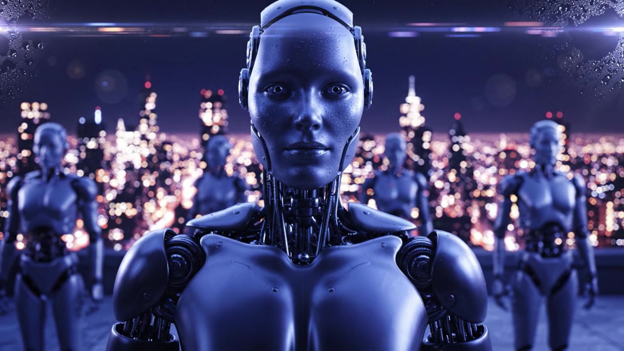 Una visión del futuro: Un primer plano de una entidad cibernética rodeada de androides duplicados, con el telón de fondo de un horizonte urbano futurista de noche.