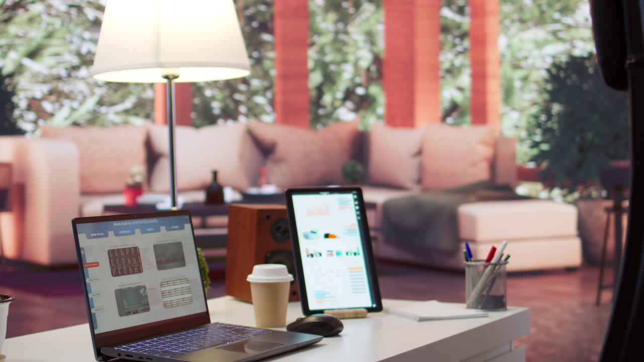 Empty office at a business entrepreneur house with laptop and documents