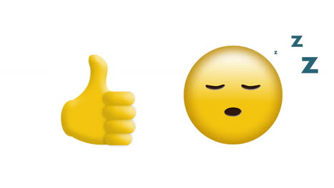 animation of thumb up and sleeping emoji icons over white background