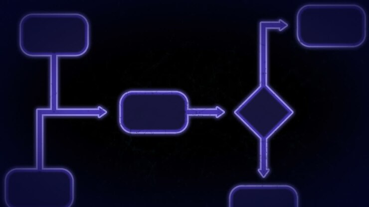 Animation of connecting purple blank signs and glowing green network on black background