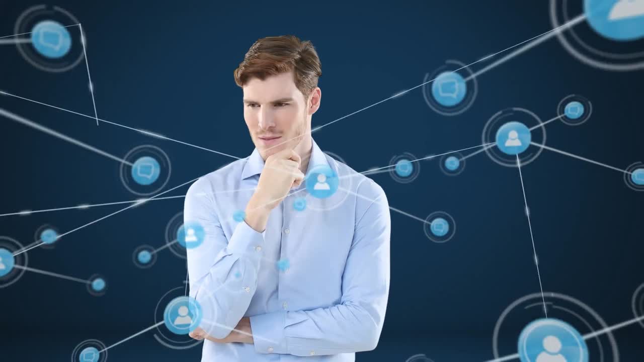 백인 남자의 애니메이션은 사람 아이콘과의 연결 네트워크를 살펴보고 있습니다.