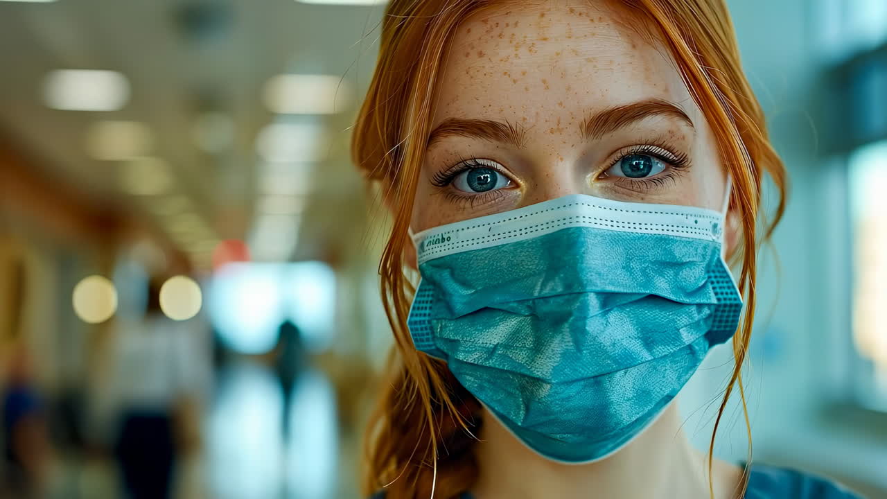 Nurse wearing a medical mask. Close-up portrait of a young female nurse with blue eyes wearing a protective medical mask inside a hospital corridor